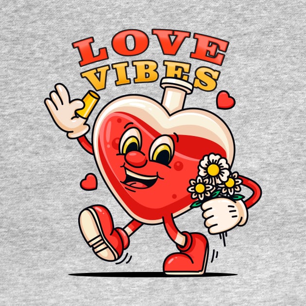 Love vibe, cute cartoon character a bottle of love potion walking carrying flowers by Vyndesign